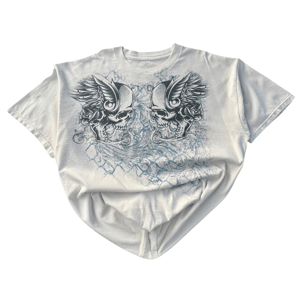 Skulls on a Mesh Fence Affliction Style Y2K Graphic T-Shirt White XXL